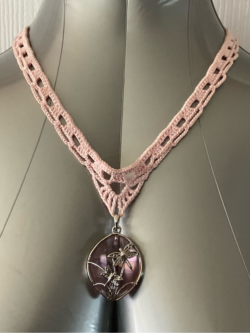 Pink Crocheted Necklace Oval Dragonfly Charm Pendant, Magnetic Closure, 20 in.